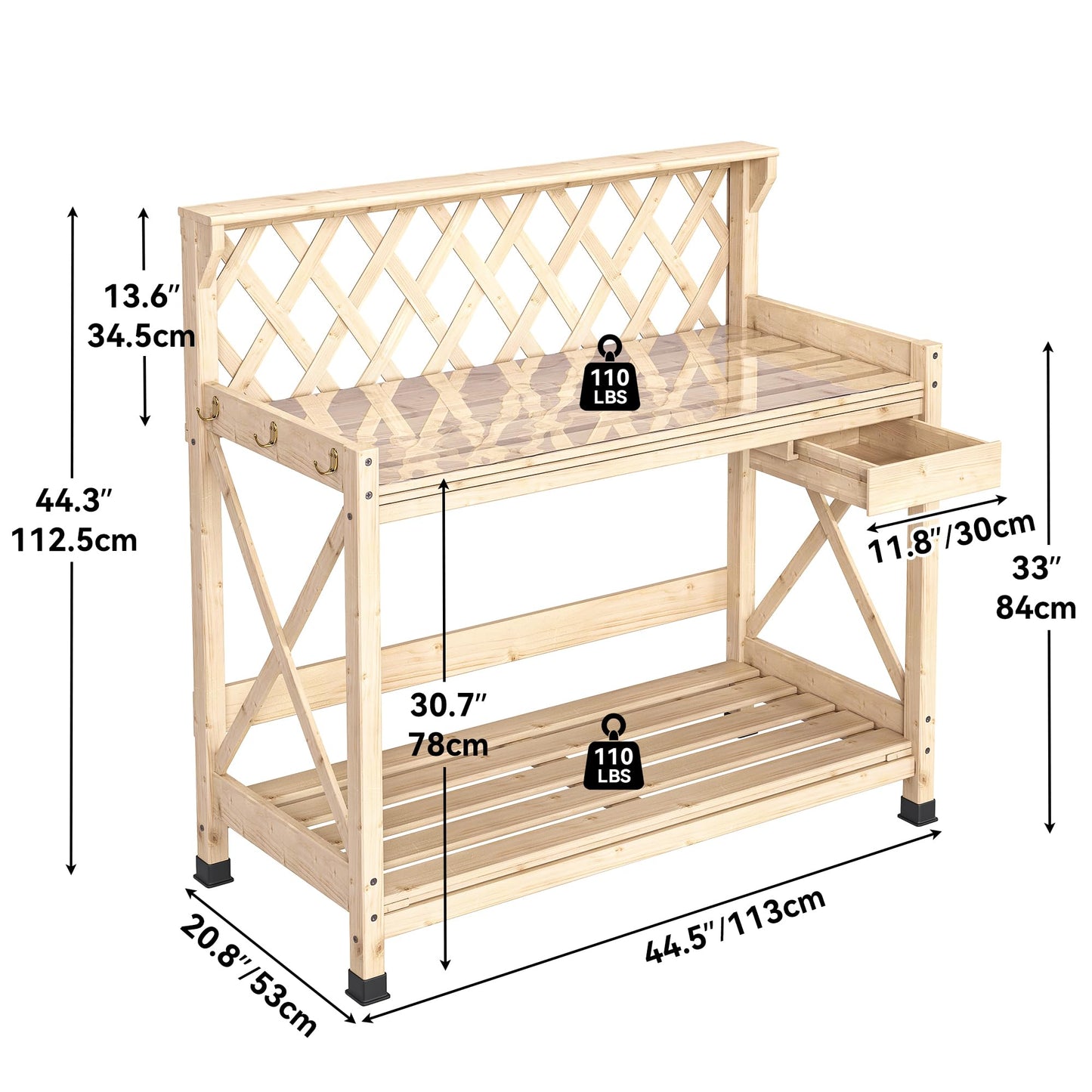 YITAHOME Outdoor Garden Workstation Table with Drawer, Potting Bench Table w/Exposed Rack, Hanger, PVC Water-Resistant Mat, Natural