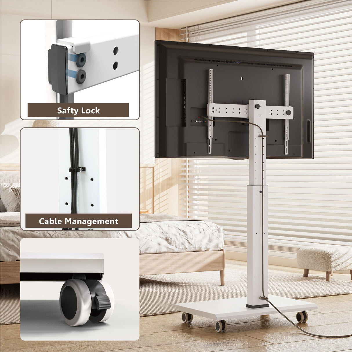 FITUEYES Rolling TV Stand - Portable Mobile TV Cart on Wheels for 32 to 65 70 75 Inch TVs, Landscape to Portrait Rotating and 40°Swivel, Height Adjustable TV Cart Rolling TV Stand Hold Up to 88 Lbs FITUEYES