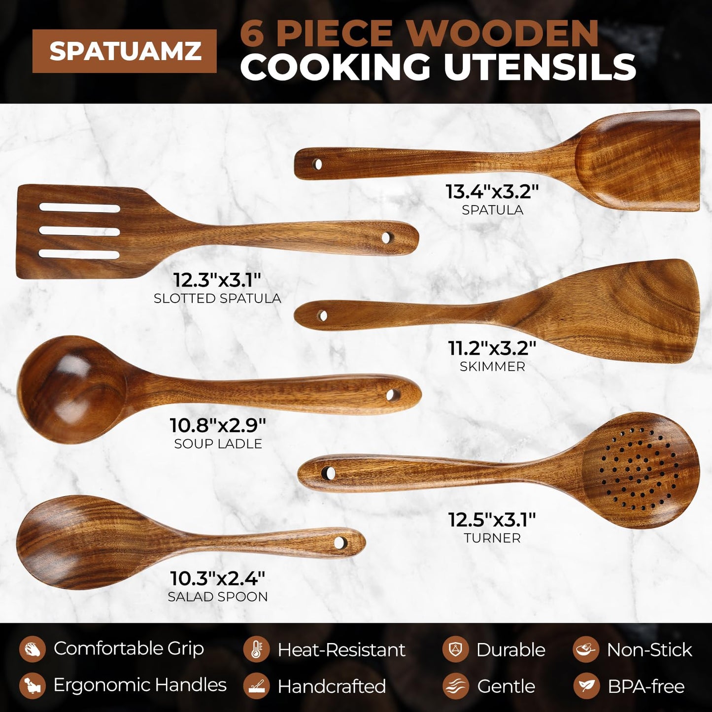 Wooden Cooking Spoons, Ladle and Spatula, Fine Polished Teak Wood Cooking Utensils Set, Nonstick Wooden Kitchen Spoon & Spatula Set(6Pcs)