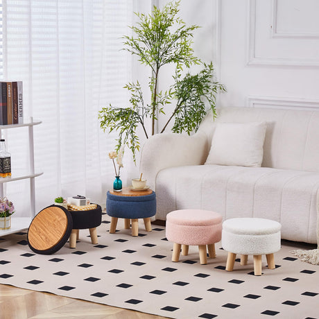 Wimarsbon Storage Ottoman, Modern Round Footrest with Soft Padded Seat, Teddy Velvet Footstool with Wood Legs, Accent Small Table or Plant Stand for Hallway, Living Room (Cream) Wimarsbon