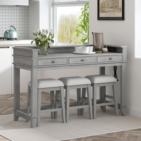 Merax Rustic 4-Piece Bar Table Set with Stools, Storage Drawers, USB Port & Power Strip - Gray & Beige Merax