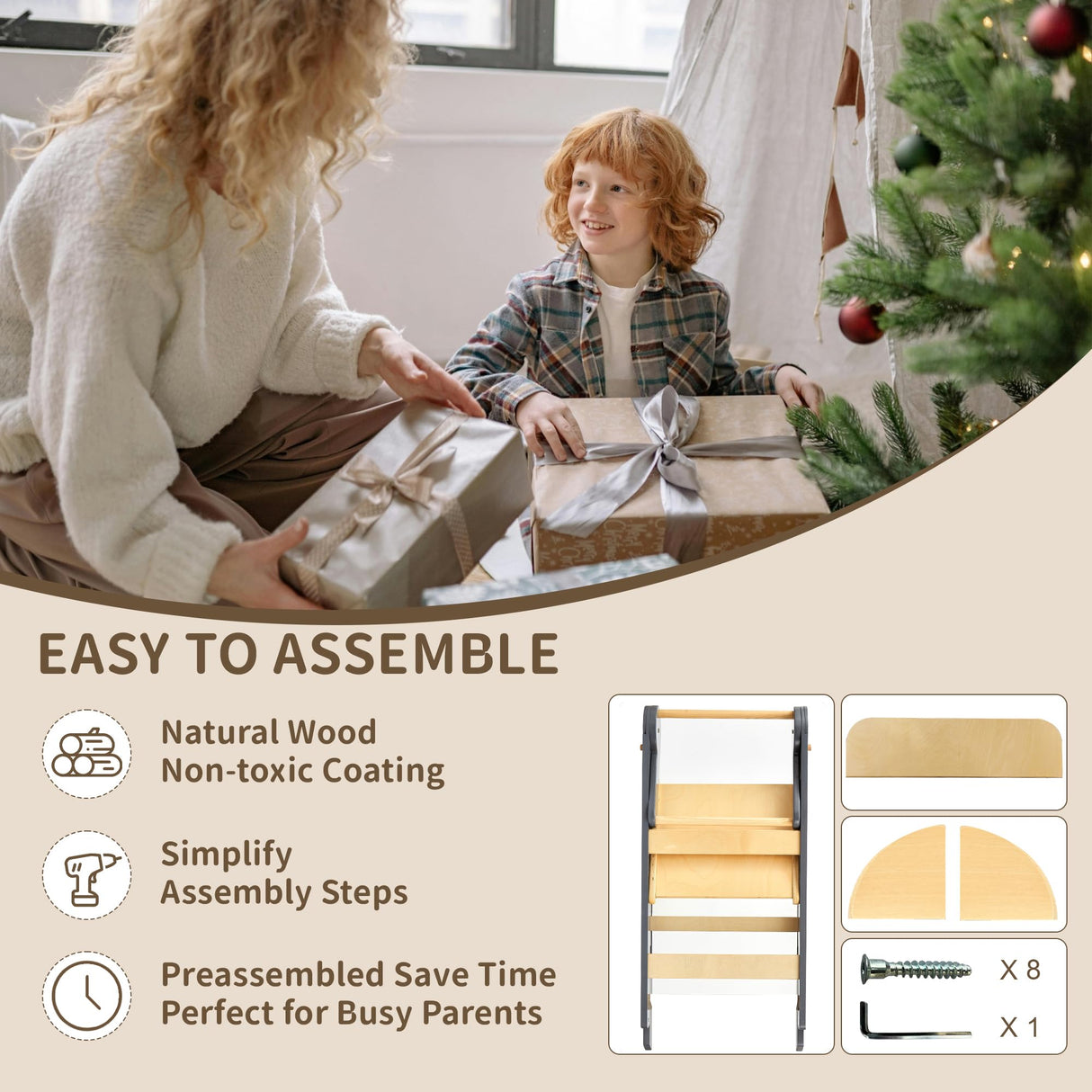 Foldable Toddler Tower Preassembled Kitchen Step Stool, Folding Tower for Learning with 3 Adjustable Heights Montessori Toddler Standing Tower Collapsible Step Stool for Kids 1-6y GY NAT TDKDHoming