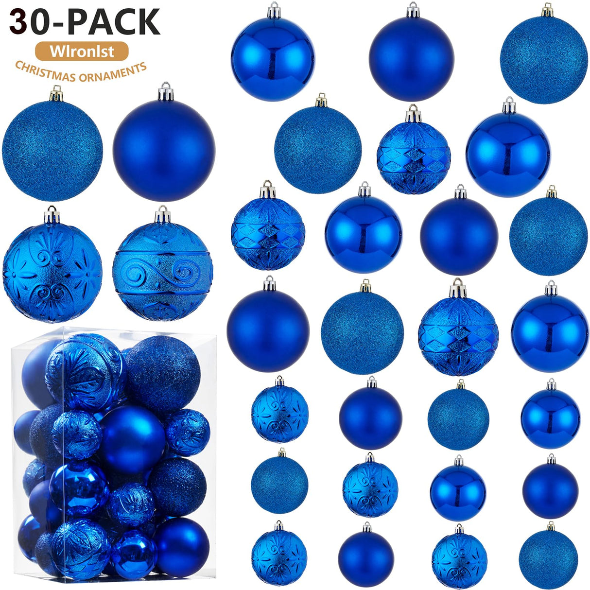 Wironlst Christmas Ball Ornaments - 30pcs Shatterproof Plastic Christmas Ornaments Hanging Ball Decorations for Xmas Tree, Holiday, Wedding, Party (Multi-Size, Blue) Wironlst