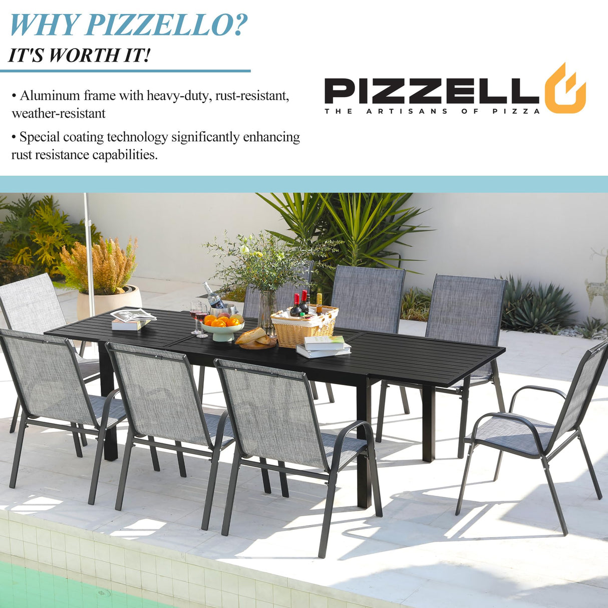 Outdoor Expandable Dining Table 71"-106" Aluminum Patio Dinner Table for 8-10 Person, Rectangular Metal Collapsible Tables with Umbrella Hole, Patio Tables with Extendable Top for Garden, Backyard PIZZELLO
