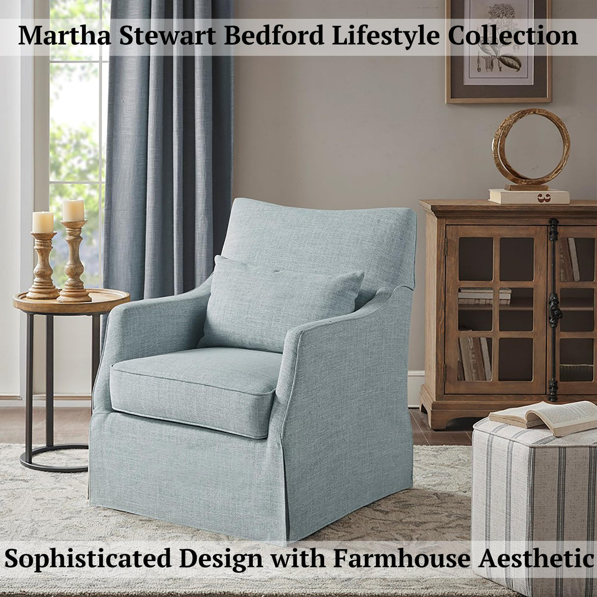 Martha Stewart London Swivel Chair - Solid Wood & Plywood, Skirted Metal Base Accent Armchair, Lumbar Pillow -Modern Classic Family Room Sofa Furniture Bedroom Lounge, 28"X31.5"X35.25", Light Blue Martha Stewart