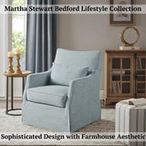 Martha Stewart London Swivel Chair - Solid Wood & Plywood, Skirted Metal Base Accent Armchair, Lumbar Pillow -Modern Classic Family Room Sofa Furniture Bedroom Lounge, 28"X31.5"X35.25", Light Blue Martha Stewart
