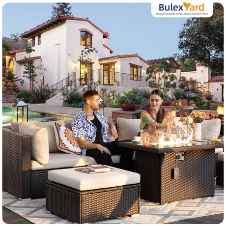 BULEXYARD 15 Piece Highback Wicker Patio Furniture Sets with Firepit, All-Weather Heavy Duty Outdoor Conversation Set Modular, Extra Deep Wide 14-Seats Sectional Couch Sofa for Backyard, Brown & Beige BULEXYARD