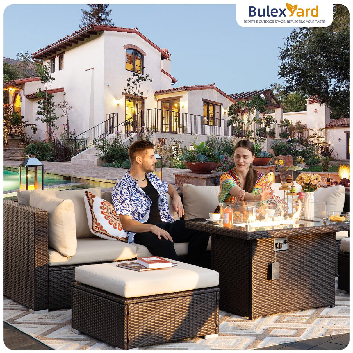 BULEXYARD 7 Pcs High Back Patio Furniture Set with Fire Pit Table Propane/Natural Gas Dual Fuel, All-Weather Outdoor Sectional Couch, Comfy Backyard Seating for Exterior, Brown Wicker & Beige Cushion BULEXYARD