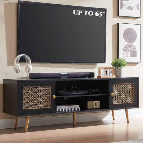 JYED DECOR Mid Century Modern TV Stand for 65 inch TV, Entertainment Center with Storage, Metal Mesh Decorated Cabinet Doors for Living Room, Black JYED DECOR