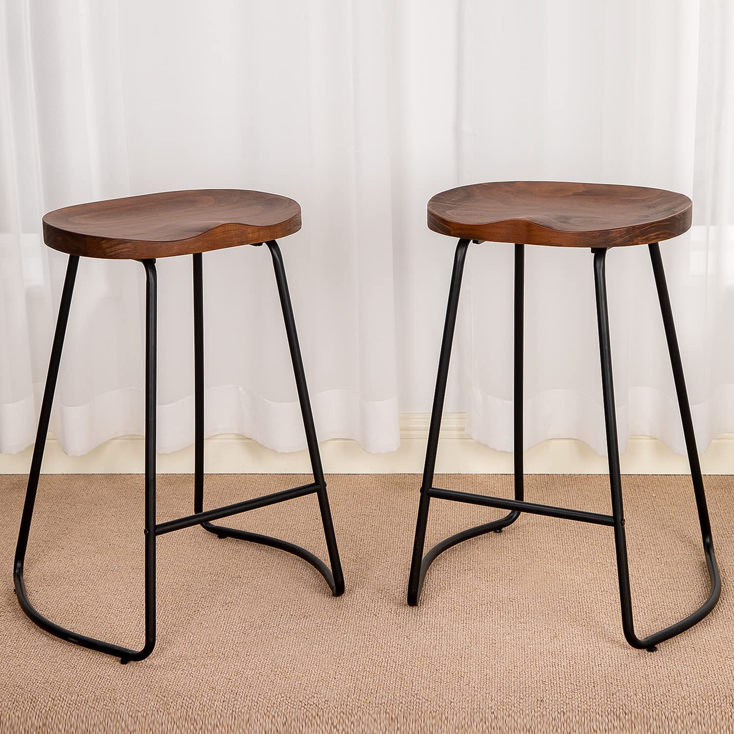 HeuGah Bar Stools, Solid Wood Barstools Set of 2, 26" Counter Height Bar Stools with Metal Leg, Rustic Backless Bar Stools for Kitchen Island, Bar Chairs with Solid Wood Saddle Seat (Walnut,  - WoodArtSupply