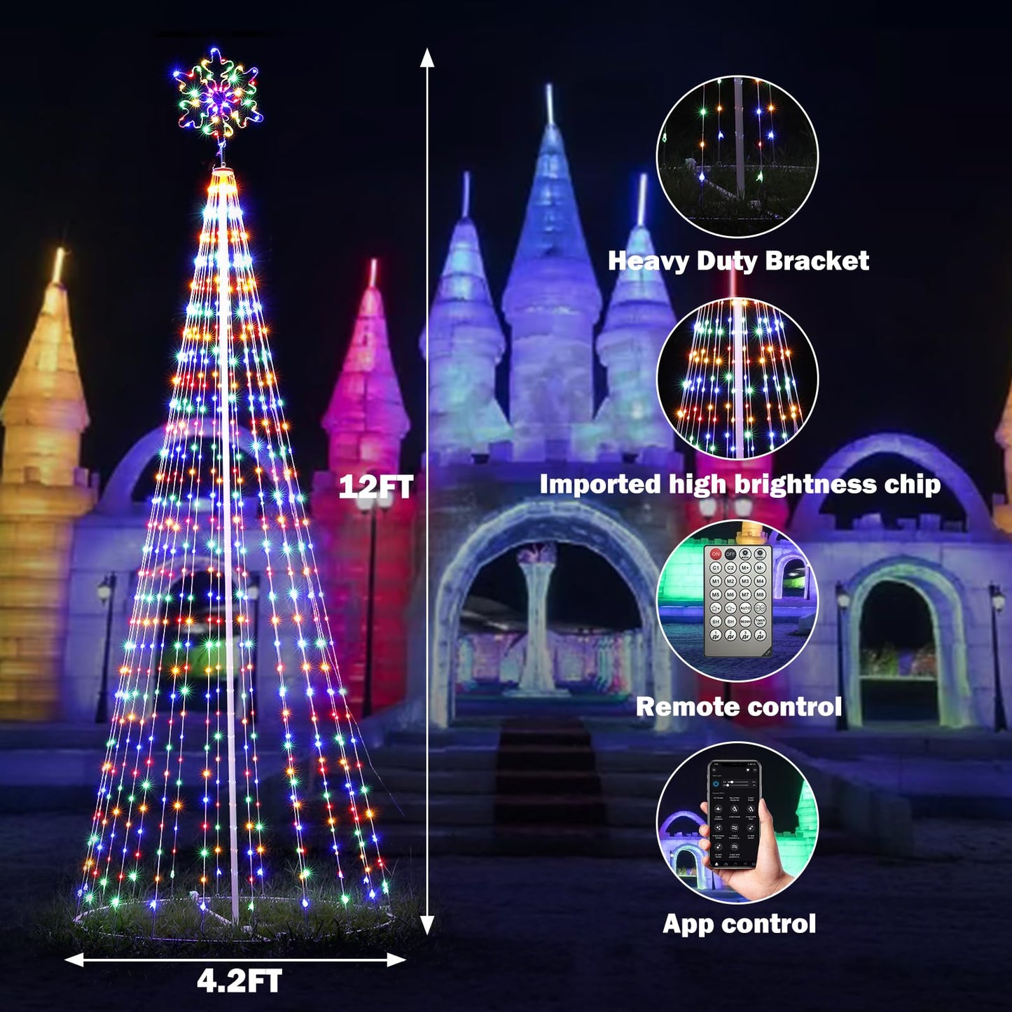 GOZFLVT Outdoor Lighting Christmas Tree Lights, 12FT Smart LED Outside Christmas Tree LightShow App Control with 700 LED Lights Color Changing Sync Musical APP & Remote Control Christmas Tree