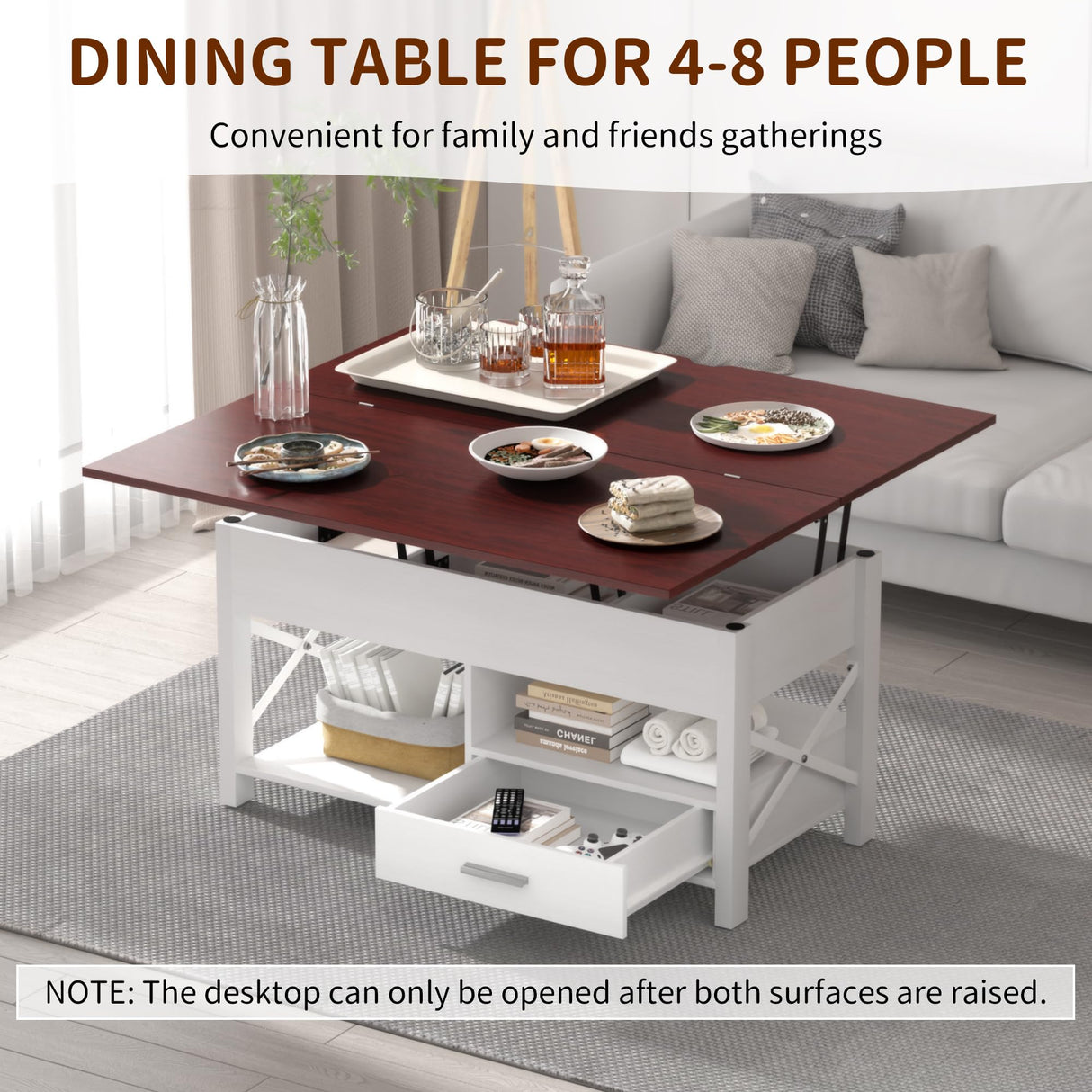 Lift Top Coffee Tables for Living Room, 42“ Multi-Function Coffee Table Converts to Dining Table, Modern Center Table with Storage Drawer and Hidden Compartments, Coffee Table with Lifting Top, White VAXZOFI