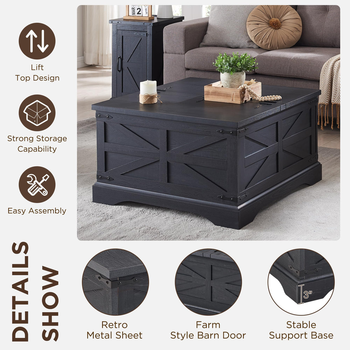 JXQTLINGMU Farmhouse Lift Top Coffee Table with Storage, 36" Wood Square Center Table with Large Hidden Compartment, Rustic Lift Tabletop Dining Table for Home Living Room, Black JXQTLINGMU