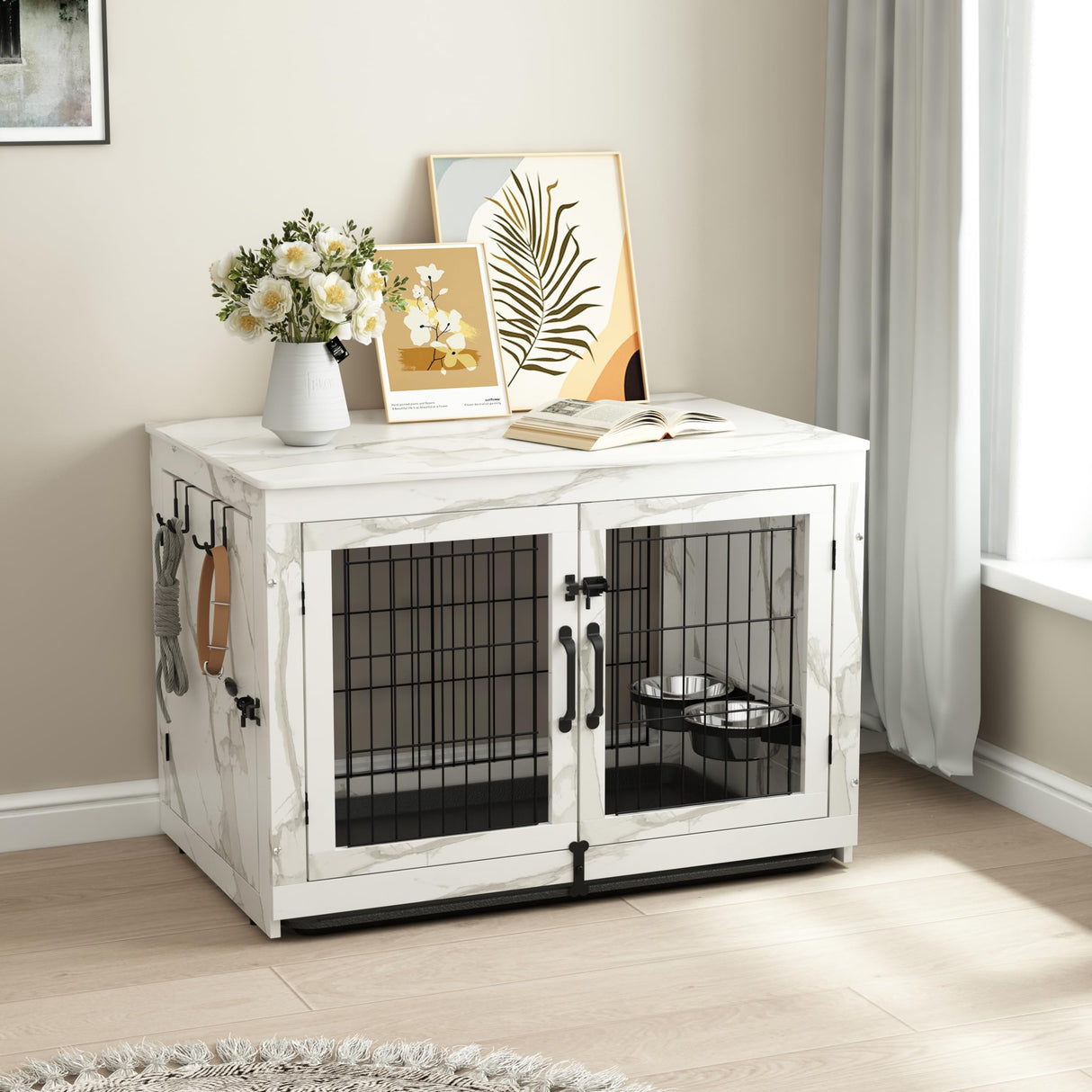 Piskyet Wooden Dog Crate Furniture with 360°Rotatable Removable Dog Bowls, Dog Crate End Table with Tray, Double Doors Dog Kennels forDogs(L:37.7" L*25.1" W*26.1" H, Marble White) Piskyet