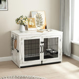 Piskyet Wooden Dog Crate Furniture with 360°Rotatable Removable Dog Bowls, Dog Crate End Table with Tray, Double Doors Dog Kennels forDogs(L:37.7" L*25.1" W*26.1" H, Marble White) Piskyet