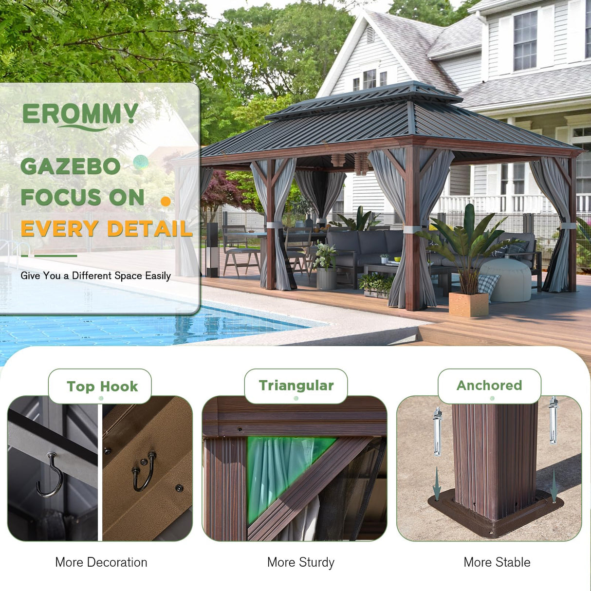 EROMMY 12' x 20' Hardtop Gazebo, Wooden Finish Coated Aluminum Frame Canopy with Double Galvanized Steel Roof, Outdoor Permanent Metal Pavilion with Curtains and Nettings for Patio,Garden, Backyard EROMMY