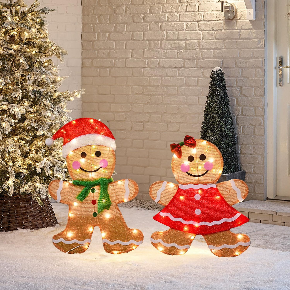 Dazzle Bright Christmas Outdoor Decorations Yard, 2-Piece Lighted 2D Gingerbread Man with 50 L, 23 Inch Pre-Lit Light Up Gingerbread Man, Xmas Festive Holiday Front Garden Patio Yard Lawn Display Dazzle Bright