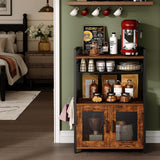 Hencawima Coffee Bar Cabinet, 3 Tier Coffee Station Table on Wheels, 35.9" H Bar Cart with Wire Basket Drawer & 5 Hooks for Home Kitchen, Liquor Buffet Sideboard Cabinet (Rustic Brown) Hencawima