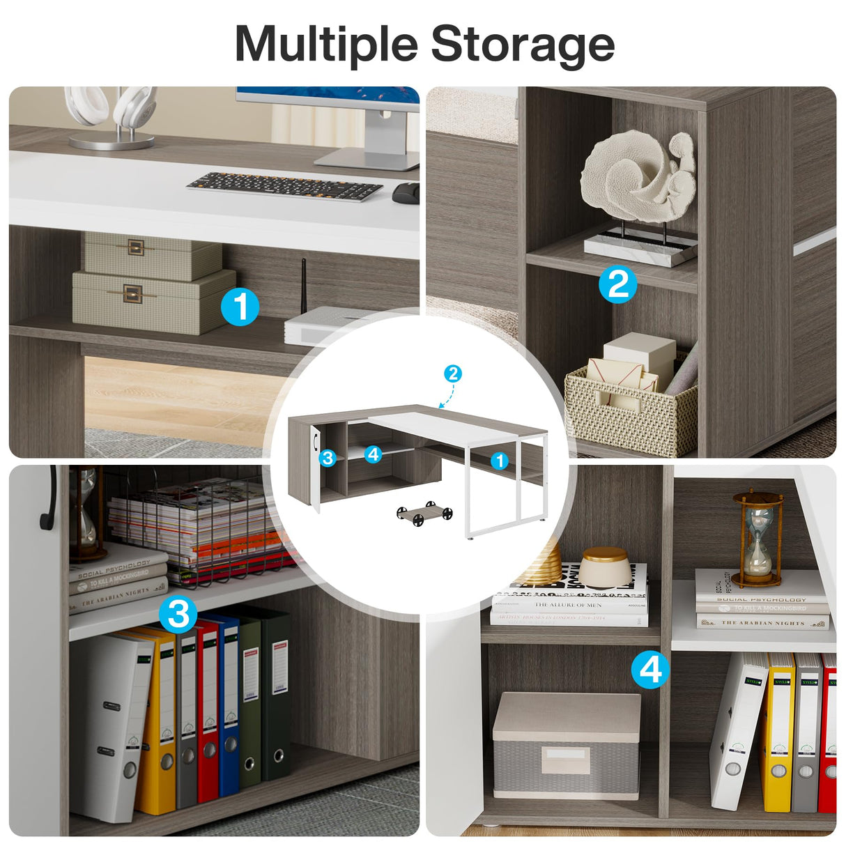 Tribesigns 71 inch Executive Desk, L Shaped Desk with Cabinet Storage, Executive Office Desk with Shelves, Business Furniture Set Workstation for Home Office, Gray and White Tribesigns