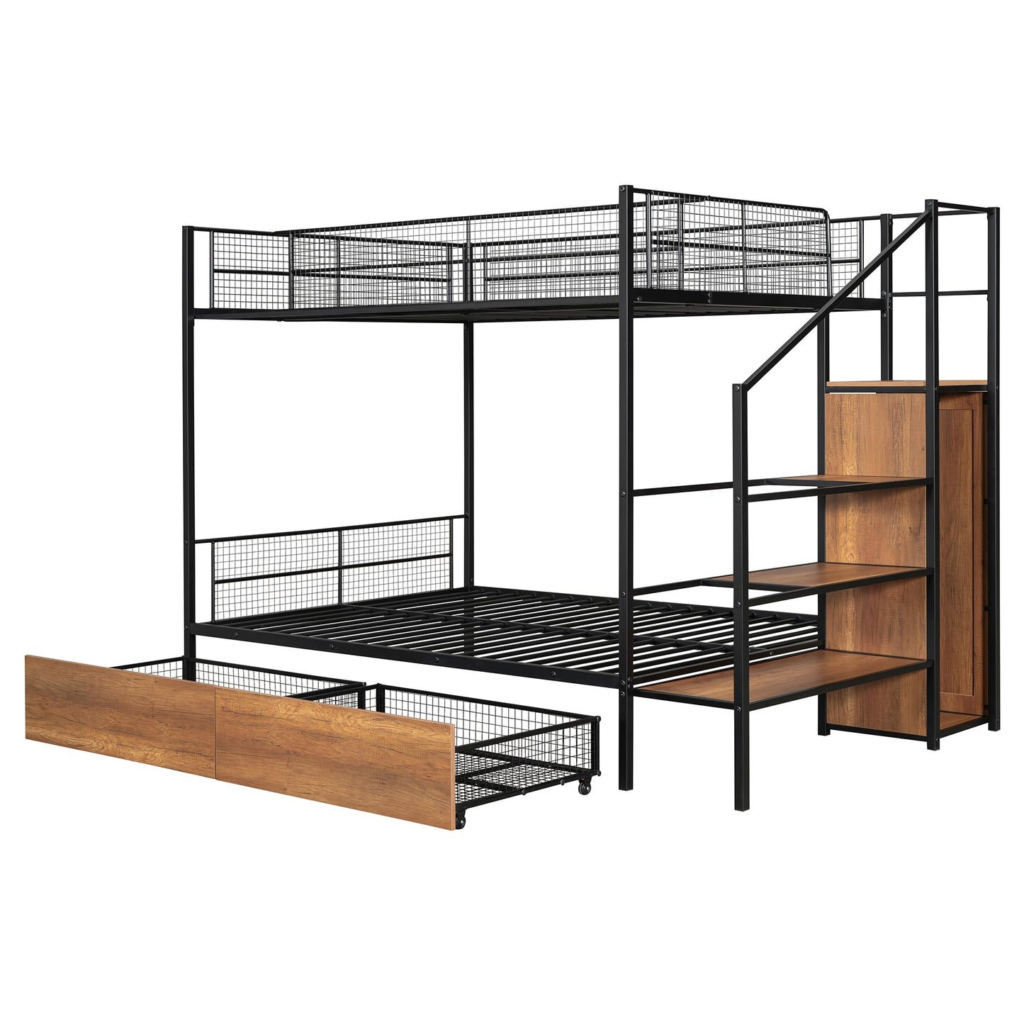 Twin Over Full Metal Bunk Bed with Stairs, Wardrobe and Storage Drawers and Shelves, Modern Style Heavy-Duty Steel Frame Bunk Bed with Safety Rail, for Bedroom, Dorm, Black