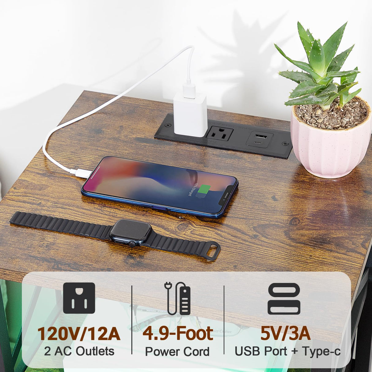 AMHANCIBLE Night Stand Set 2, LED Nightstand with Charging Station, End Tables Living Room with Fabric Drawers, Bedside Table for Bedroom, Rustic Brown, HET052LBR AMHANCIBLE