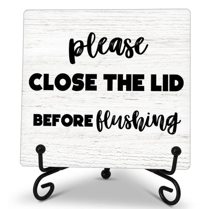 Funny Wooden Sign Gifts, Please Close The Lid Before Flushing Wood Plaque With Metal Stand, Funny Bathroom Wooden Sign for Home Office Restroom Toilet Shelf Table Decor-D10 - WoodArtSupply