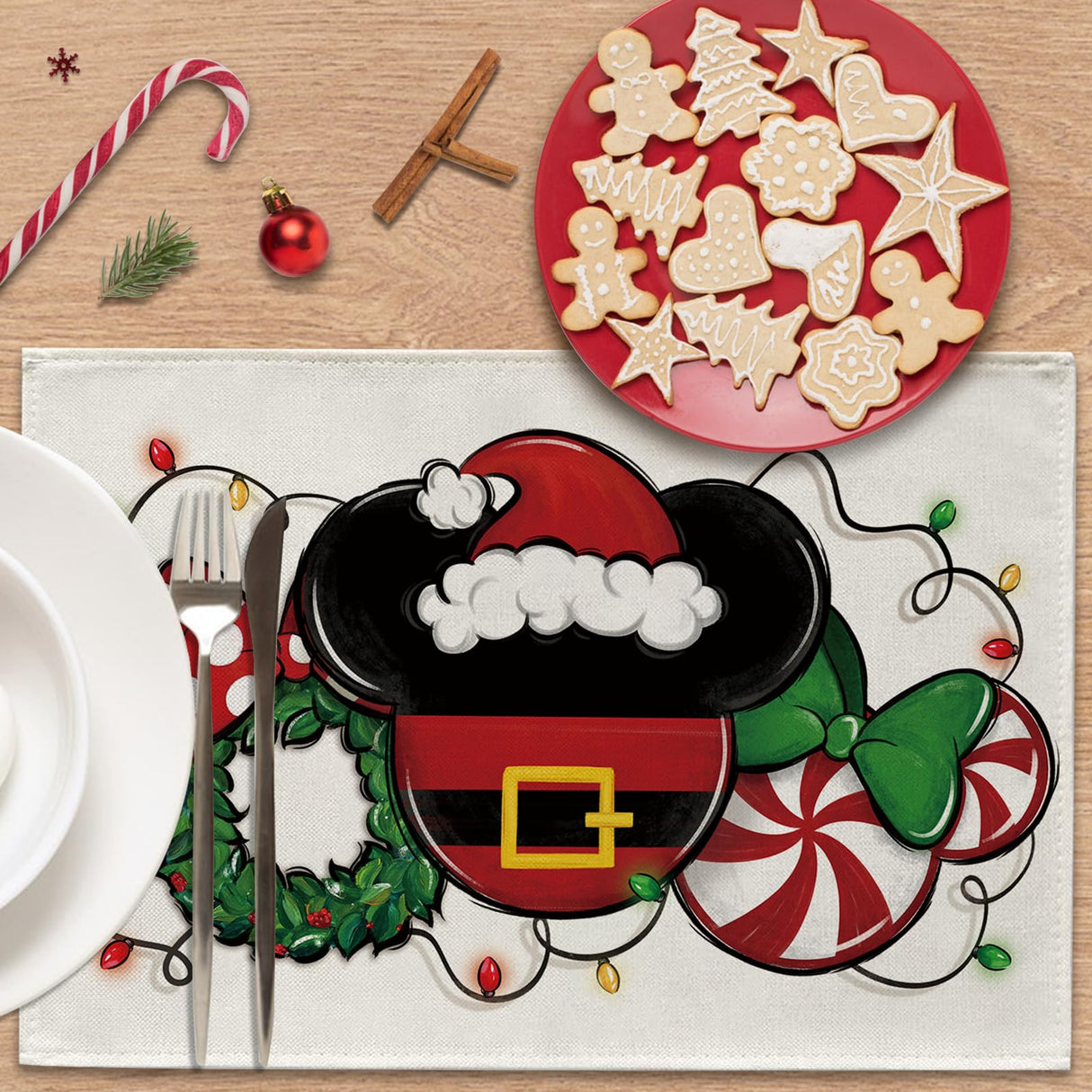 Croar Christmas Santa Placemats Set of 4, Xmas Wreath Peppermint Candy Dining Place Mats Table Decor, Winter Funny Holiday Home Kitchen Decoration 12 x 18 Inch Croar