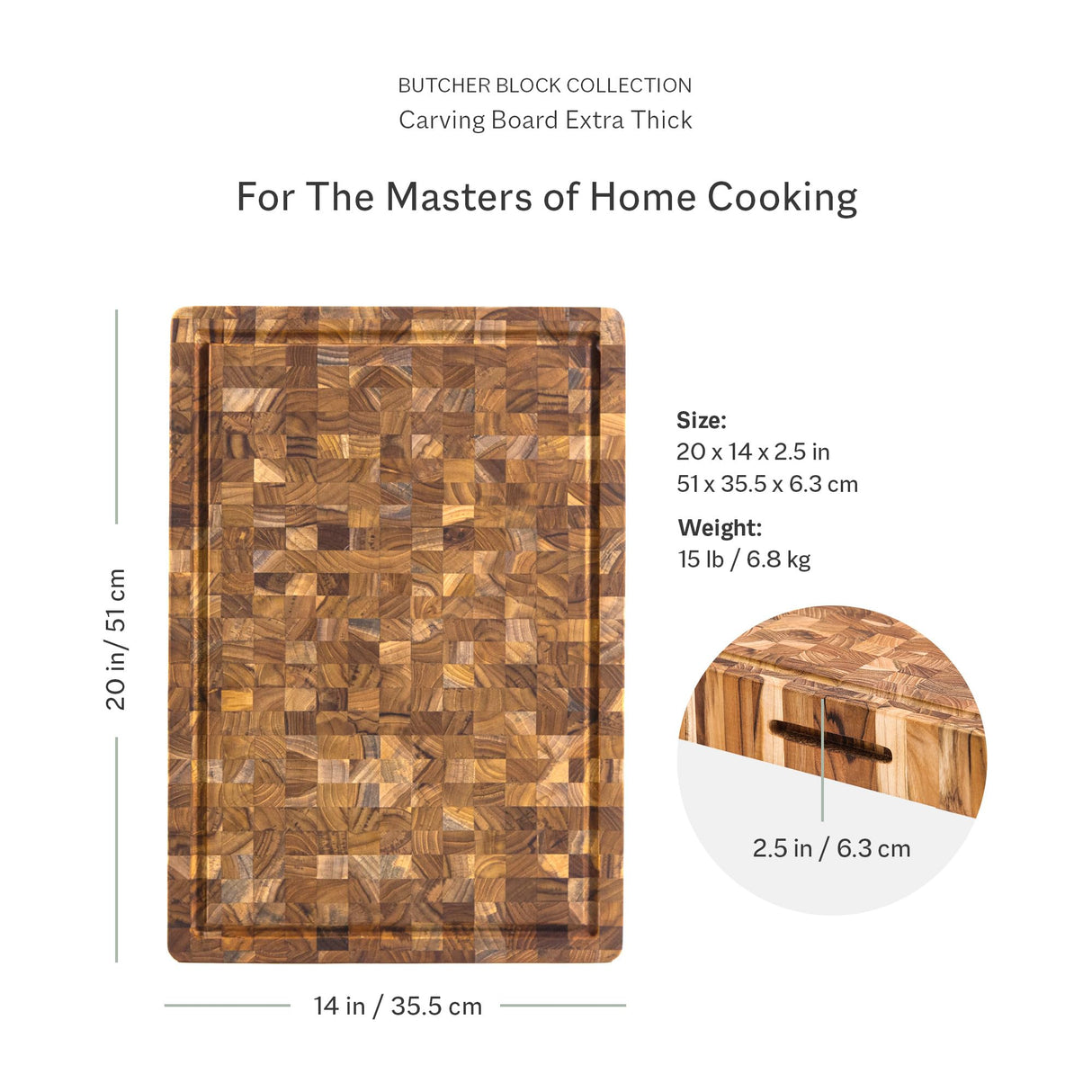 Teakhaus Butcher Block Carving Board - Extra Thick Cutting Board with Juice Groove and Grip Handles - Teak End Grain Wood - Knife Friendly - FSC Teakhaus