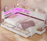 BTHFST Corner Bed Frame with Charging Station & Led Lights, Twin Bed Frame with 8 Storage Drawers & Bookcase, Twin Daybed with Storage Headboard for Kids Guests, White BTHFST
