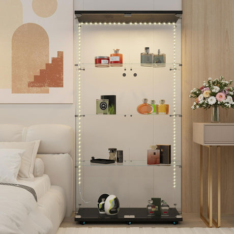 65.59" Tall Tempered Glass Display Cabinet with LED Lights&Rolling Wheels, Curio Cabinet with 4 Shelves with 2 Door, Quick-Install Style Floor Standing Bookshelf File Cabinet for Living Room Office Maxtude