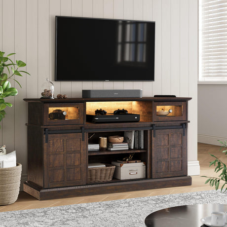 LGHM Farmhouse TV Stand for 65 inch TV, Entertainment Center TV Cabinet Stands with LED lights, Sliding Barn Door TV Center Media Console Table for Living Room, Bedroom LGHM