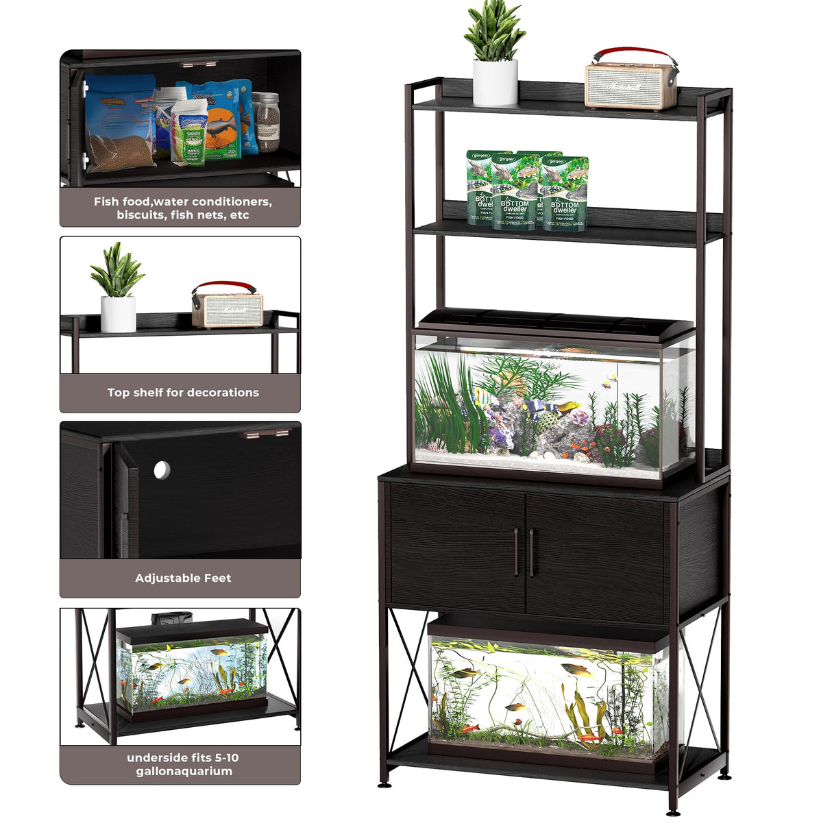 Herture 20-29 Gallon Fish Tank Stand, Aquarium Stand with 2 Shelves and Cabinet Accessories Storage, for 20 Gallon Long Aquarium, Metal Frame 32.28" L*16.53" W PG03YGB Herture