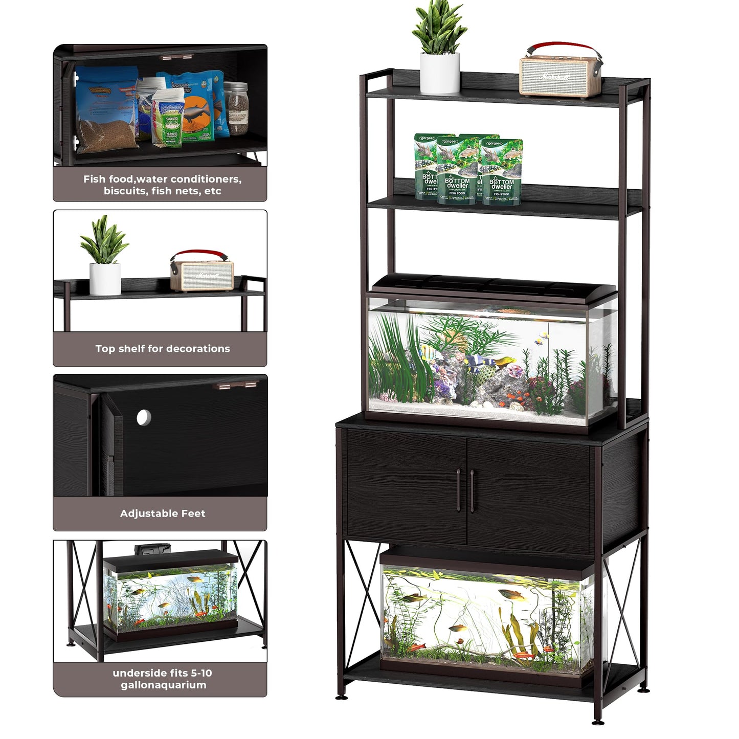 Herture 20-29 Gallon Fish Tank Stand, Aquarium Stand with 2 Shelves and Cabinet Accessories Storage, for 20 Gallon Long Aquarium, Metal Frame 32.28" L*16.53" W PG03YGB - WoodArtSupply