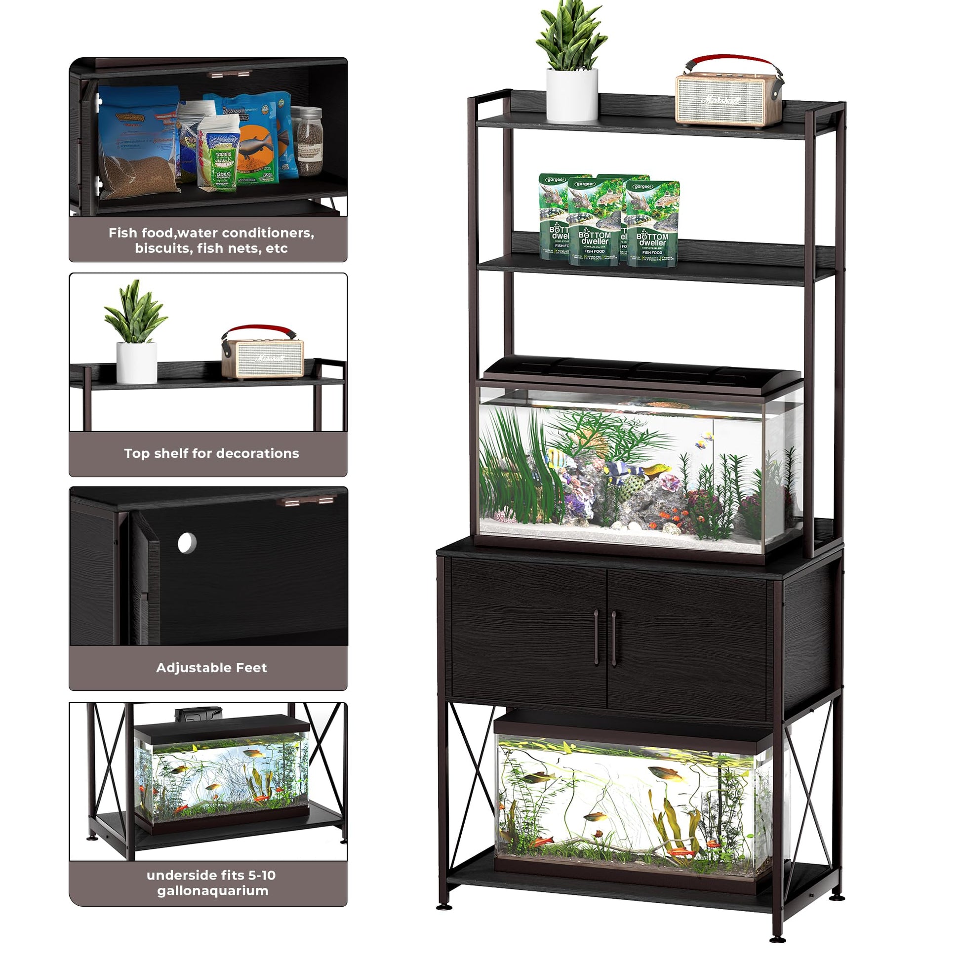 Herture 20-29 Gallon Fish Tank Stand, Aquarium Stand with 2 Shelves and Cabinet Accessories Storage, for 20 Gallon Long Aquarium, Metal Frame 32.28" L*16.53" W PG03YGB - WoodArtSupply