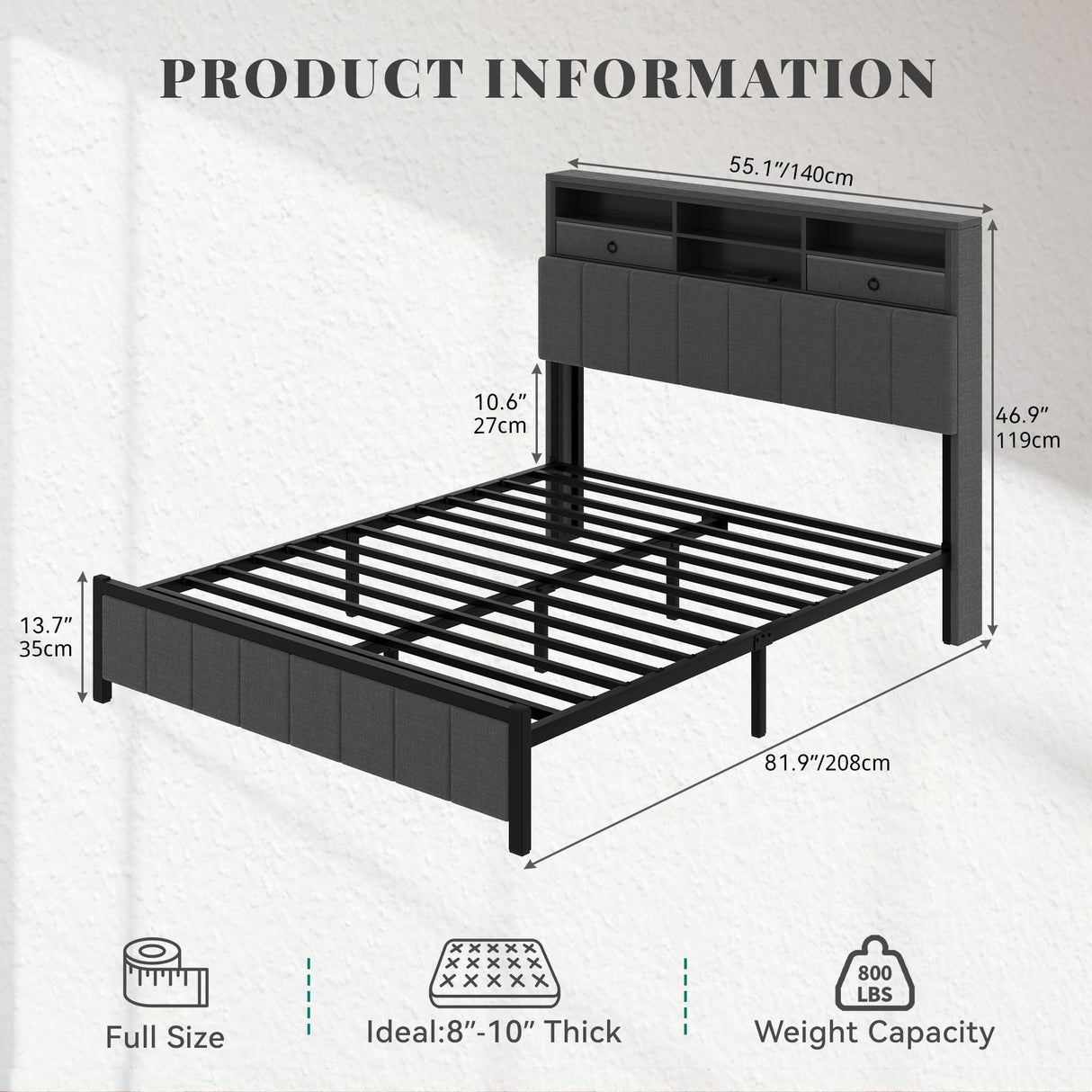 YITAHOME Full Size Bed Frame with Storage Headboard, LED Bed Frame with Drawers and Charging Station, Platform Bed with Sturdy Metal Support, No Box Spring Needed, Grey YITAHOME