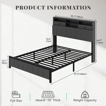 YITAHOME Full Size Bed Frame with Storage Headboard, LED Bed Frame with Drawers and Charging Station, Platform Bed with Sturdy Metal Support, No Box Spring Needed, Grey