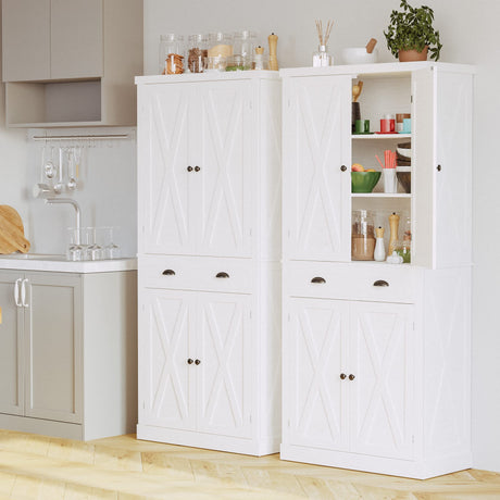 IRONCK Kitchen Pantry Storage Cabinet 72" Height, with Barn Doors, Drawer, 4 Adjustable Shelves, Freestanding Cupboard for Dining Room Living Room, IRONCK