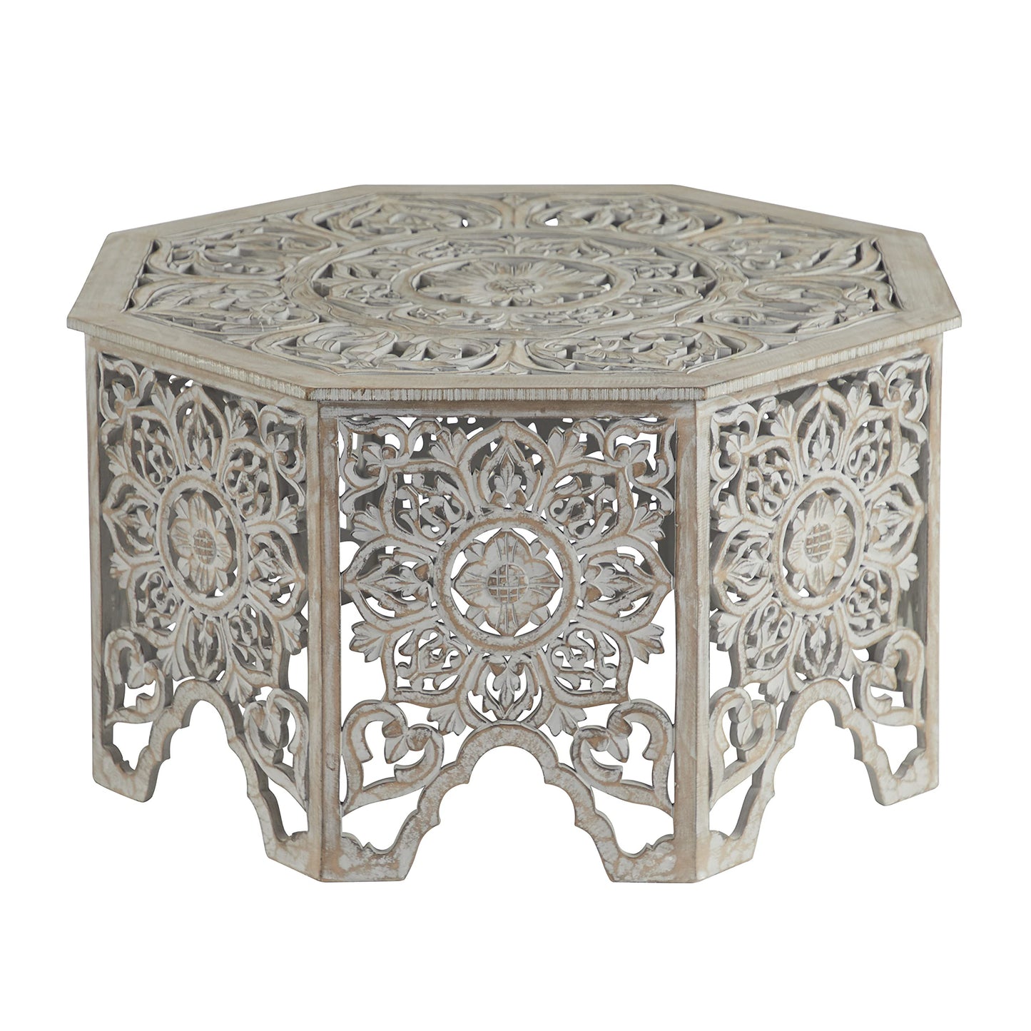 Deco 79 Wooden Floral Handmade Living Room Coffee Table Intricately Carved Table with Hollow Interior, Center Table 33" x 33" x 18", Light Gray - WoodArtSupply