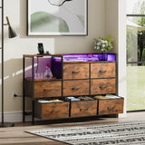 EKNKOZY Dresser with 8 Drawers, Chest of Drawers with LED Lights & Power Outlets, TV Stand Dresser for Bedroom, Wide Fabric Dresser with Shelf for Storage and Organization (Rustic Brown) EKNKOZY