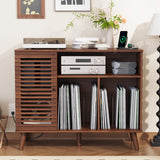 Furnify Record Player Stand with Charging Station, Mid-Century Turntable Stand with Slatted Doors, 40" W Record Player Table Holds Up to 350 Albums Vinyl Storage Display Shelf for Living Room, Walnut Furnify