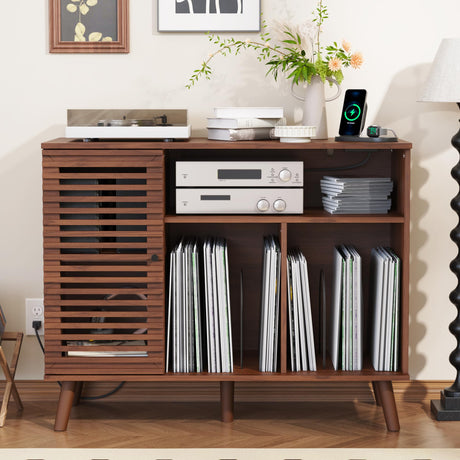 Furnify Record Player Stand with Charging Station, Mid-Century Turntable Stand with Slatted Doors, 40" W Record Player Table Holds Up to 350 Albums Vinyl Storage Display Shelf for Living Room, Walnut Furnify