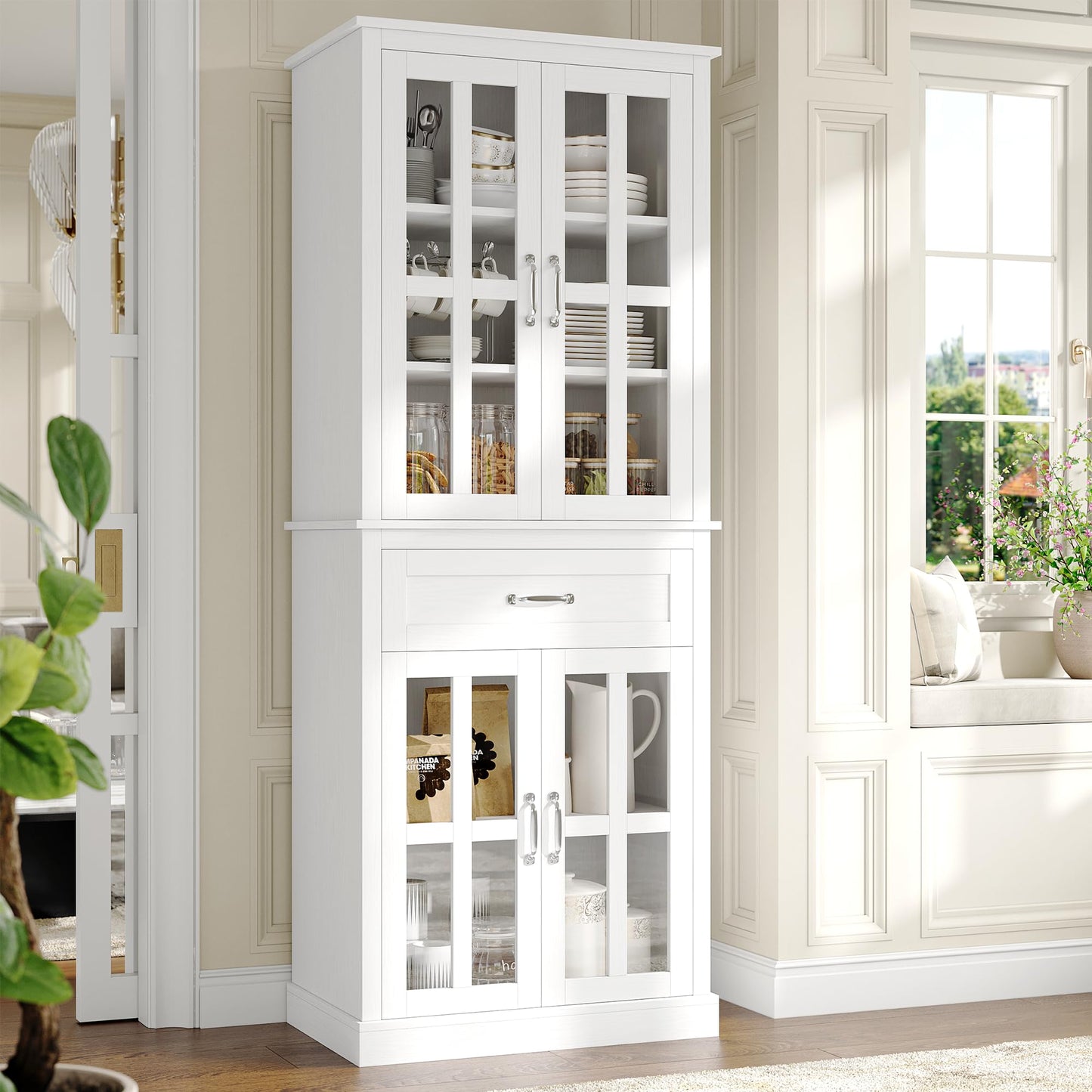 FOTOSOK 71'' Kitchen Pantry Cabinet, Tall Kitchen Cabinet Pantry Cabinet with Glass Doors and Drawer, Freestanding Food Pantry Kitchen Hunch with - WoodArtSupply