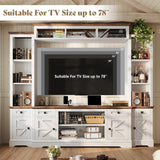 AMERLIFE 98in Farmhouse Wall Unit TV Stand with Bookshelves, Wine Cabinet, Fits 78" TVs, Large Entertainment Center with Power Outlets & Barn Door, Rustic Media Console for Living Room, White AMERLIFE