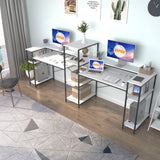 Extra Long White Double Computer Desk with Storage Shelves & Monitor Stand by HYPIGO HYPIGO