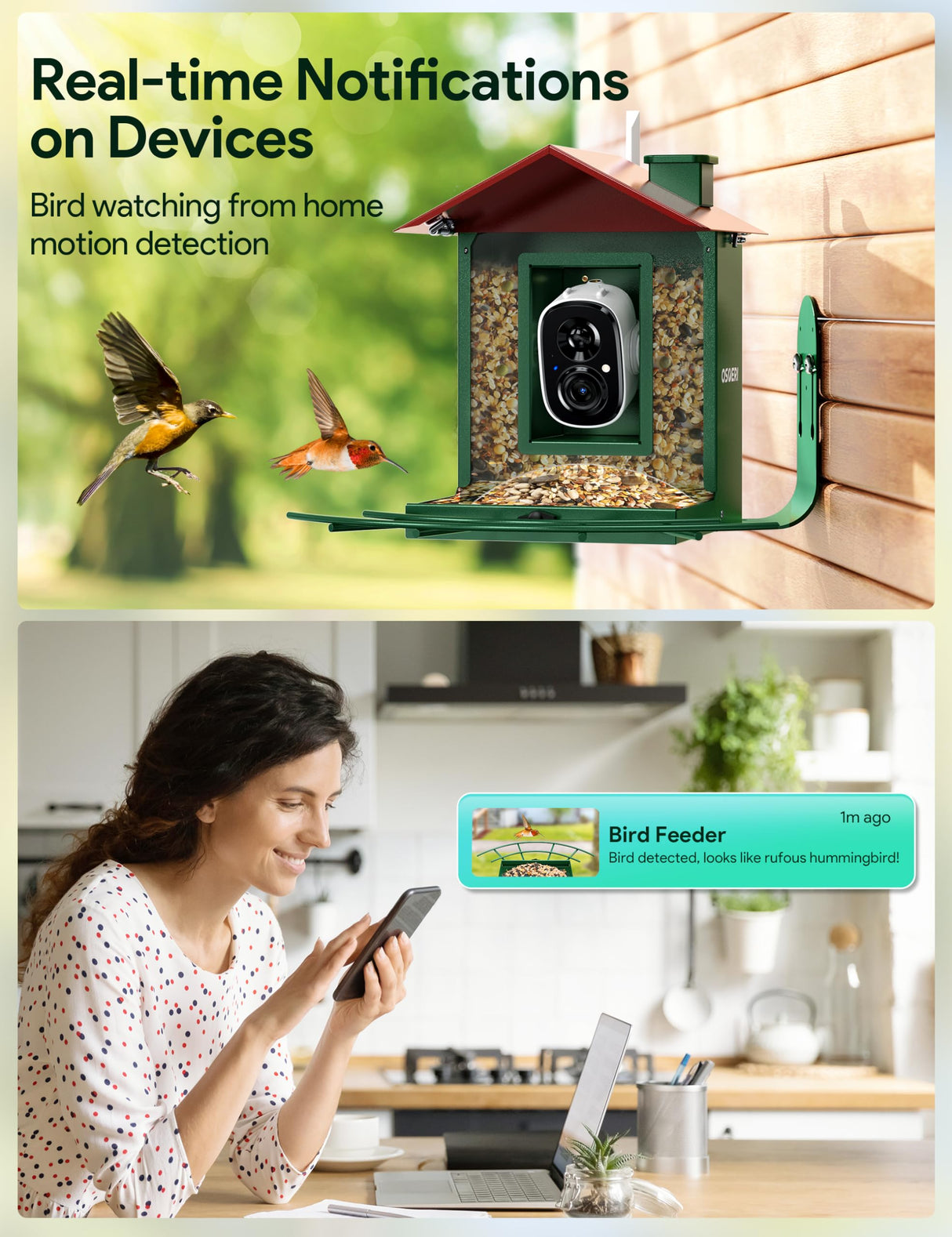 Osoeri Bird Feeder with Camera, Smart Bird Feeder Camera with AI Identify, Auto Capture Bird Videos & Motion Detection, Ideal Gift for Bird Lovers Osoeri