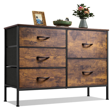 WLIVE Dresser for Bedroom with 5 Drawers, Wide Bedroom Dresser with Drawer Organizers, Chest of Drawers, Fabric Dresser for Living Room, Closet, Hallway, Rustic Brown Wood Grain Print WLIVE