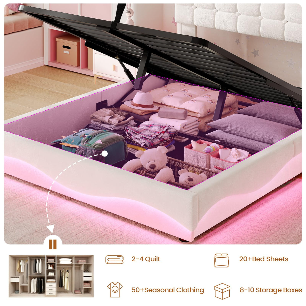 BTHFST Lift Up Storage Twin Bed Frame with Charging Station, LED Lights Storage Headboard with Hidden Cubby, Velvet Upholstered Princess Twin Bed with with Hydraulic Storage, for Girls, Creamy White BTHFST