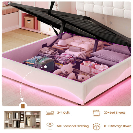BTHFST Lift Up Storage Twin Bed Frame with Charging Station, LED Lights Storage Headboard with Hidden Cubby, Velvet Upholstered Princess Twin Bed with with Hydraulic Storage, for Girls, Creamy White BTHFST