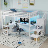 Queen Size Loft Bed with Desk and Stairs, Gaming Loft Bed with RGB LED Light and Storage, Heavy-Duty Metal Loft Beds Frame with Wardrobe, Shelves and Charging Station for Adults Kids Teens, White Mirightone