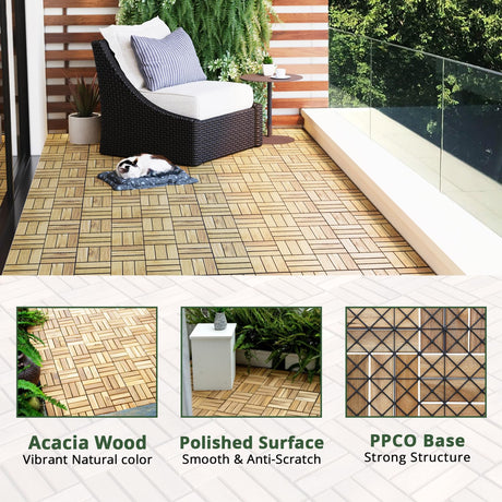 BEEFURNI Acacia Interlocking Deck Tiles (12x12 Pack 20), Acacia Wood Deck Tiles Interlocking Outdoor, Indoor Flooring for Balcony Decor, Backyard, 1-Year Manufacturer Warranty (Natural Wood Color) BEEFURNI